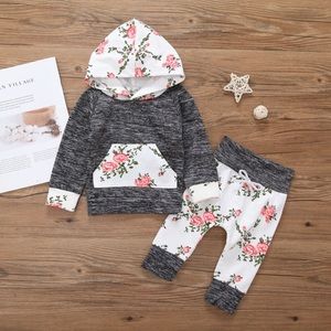 GRAY & White Floral Longsleeve Hoodie and Elastic Pants